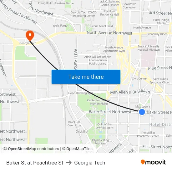 Baker St at Peachtree St to Georgia Tech map