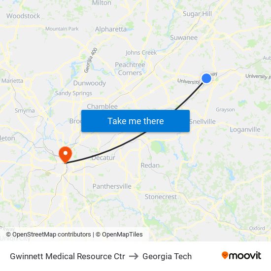 Gwinnett Medical Resource Ctr to Georgia Tech map