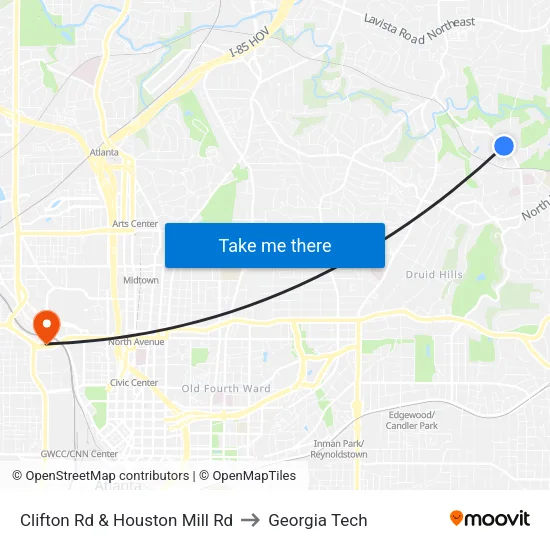 Clifton Rd & Houston Mill Rd to Georgia Tech map