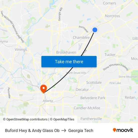 Buford Hwy & Andy Glass Ob to Georgia Tech map
