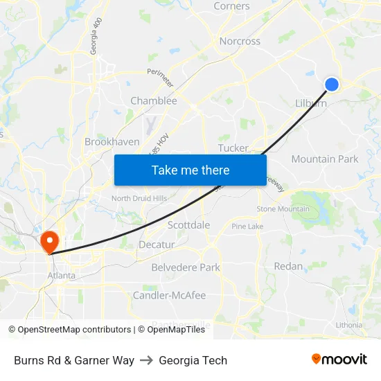 Burns Rd &  Garner Way to Georgia Tech map