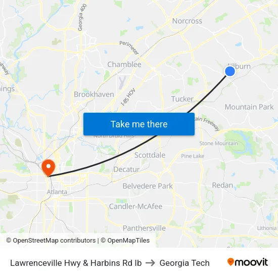 Lawrenceville Hwy & Harbins Rd Ib to Georgia Tech map