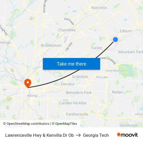 Lawrenceville Hwy & Kenvilla Dr Ob to Georgia Tech map