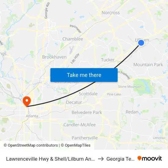 Lawrenceville Hwy & Shell/Lilburn Animal to Georgia Tech map