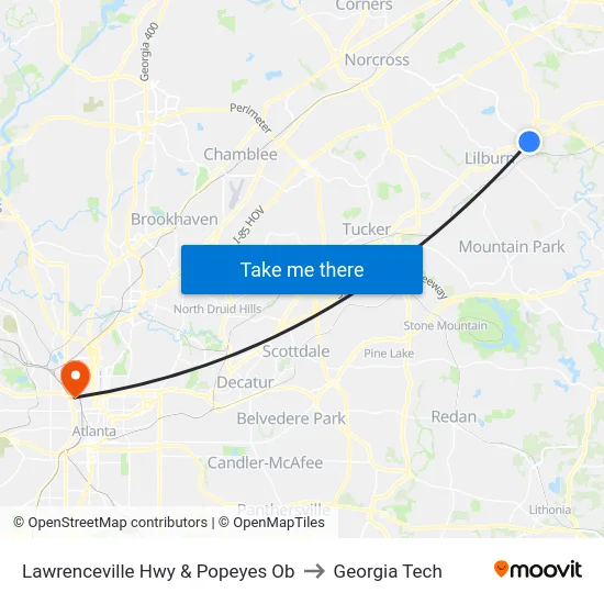 Lawrenceville Hwy & Popeyes Ob to Georgia Tech map