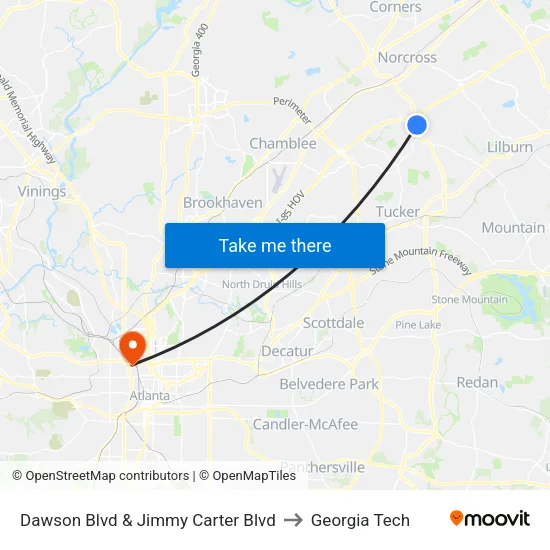 Dawson Blvd &  Jimmy Carter Blvd to Georgia Tech map