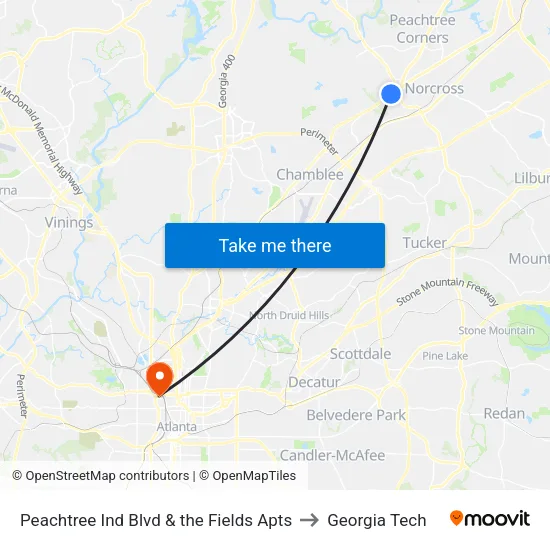 Peachtree Ind Blvd & the Fields Apts to Georgia Tech map
