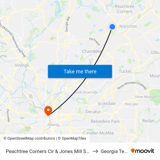 Peachtree Corners Cir & Jones Mill Spur to Georgia Tech map