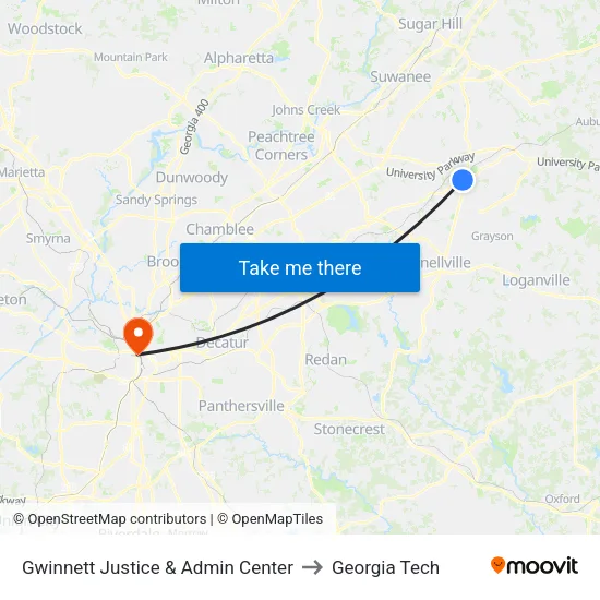 Gwinnett Justice & Admin Center to Georgia Tech map