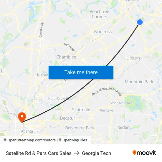 Satellite Rd & Pars Cars Sales to Georgia Tech map