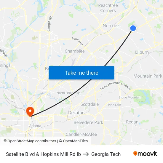 Satellite Blvd & Hopkins Mill Rd Ib to Georgia Tech map