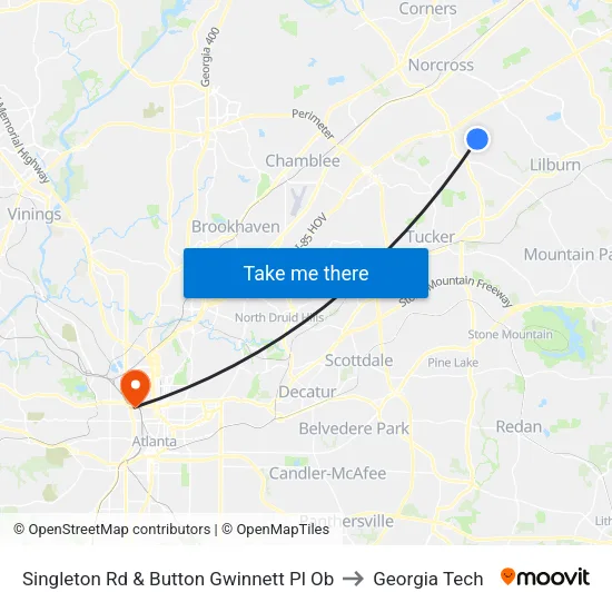 Singleton Rd & Button Gwinnett Pl Ob to Georgia Tech map