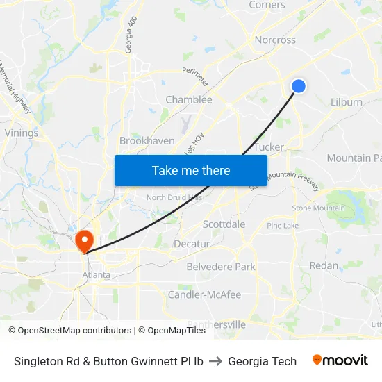 Singleton Rd & Button Gwinnett Pl Ib to Georgia Tech map