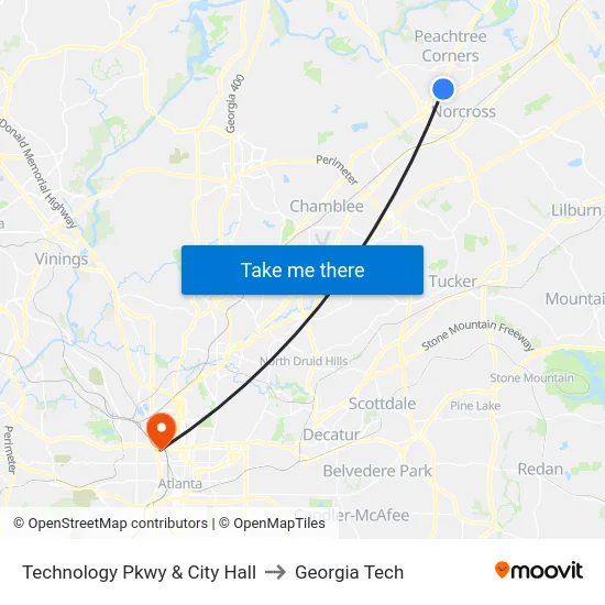 Technology Pkwy & City Hall to Georgia Tech map