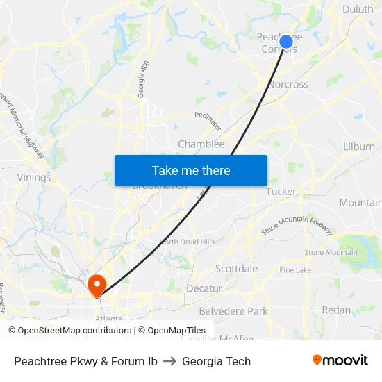Peachtree Pkwy & Forum Ib to Georgia Tech map