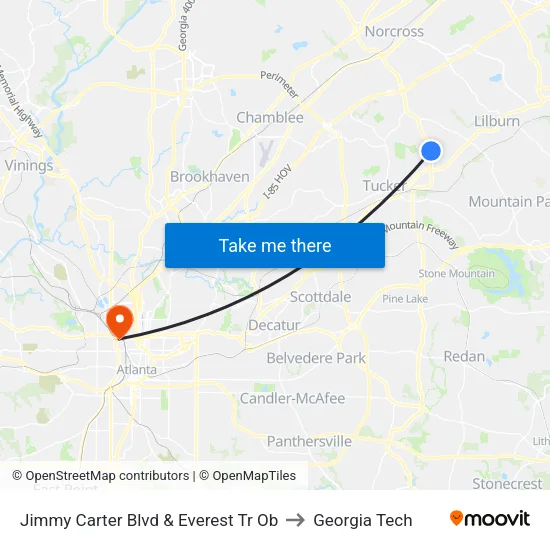 Jimmy Carter Blvd & Everest Tr Ob to Georgia Tech map