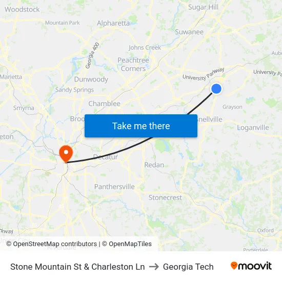 Stone Mountain St & Charleston Ln to Georgia Tech map