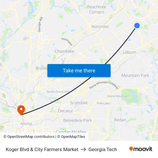 Koger Blvd & City Farmers Market to Georgia Tech map
