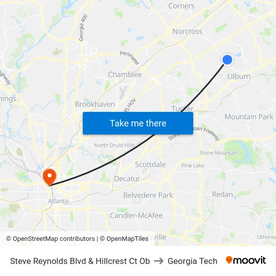 Steve Reynolds Blvd & Hillcrest Ct Ob to Georgia Tech map