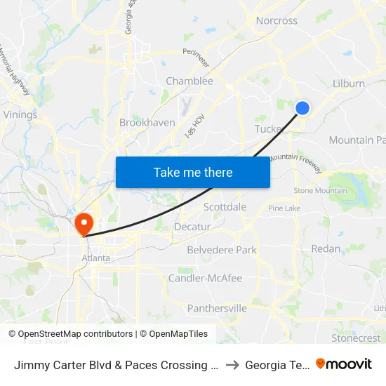Jimmy Carter Blvd & Paces Crossing Apts to Georgia Tech map