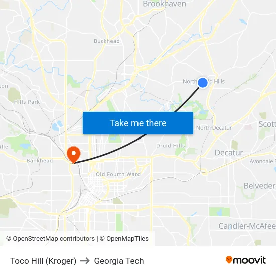 Toco Hill (Kroger) to Georgia Tech map