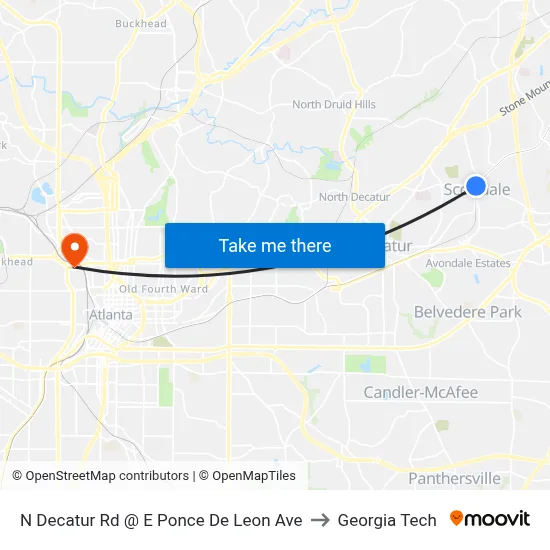 N Decatur Rd @ E Ponce De Leon Ave to Georgia Tech map