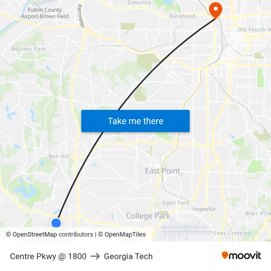 Centre Pkwy @ 1800 to Georgia Tech map