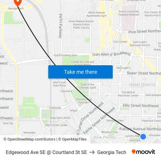 Edgewood Ave SE @ Courtland St SE to Georgia Tech map