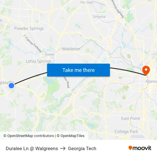 Duralee Ln @ Walgreens to Georgia Tech map