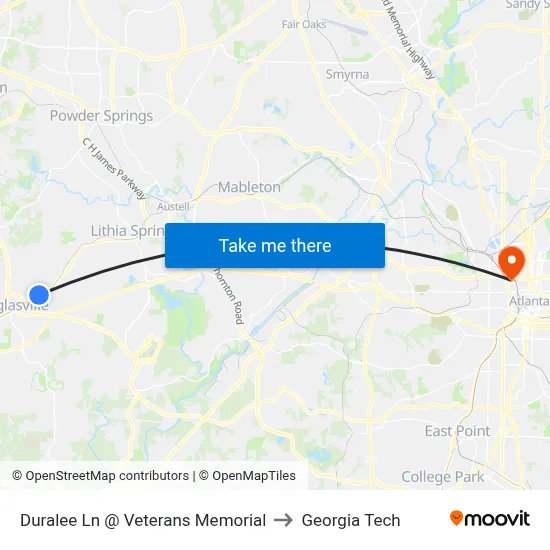 Duralee Ln @ Veterans Memorial to Georgia Tech map