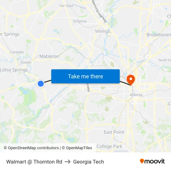 Walmart @ Thornton Rd to Georgia Tech map