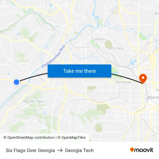 Six Flags Over Georgia to Georgia Tech map