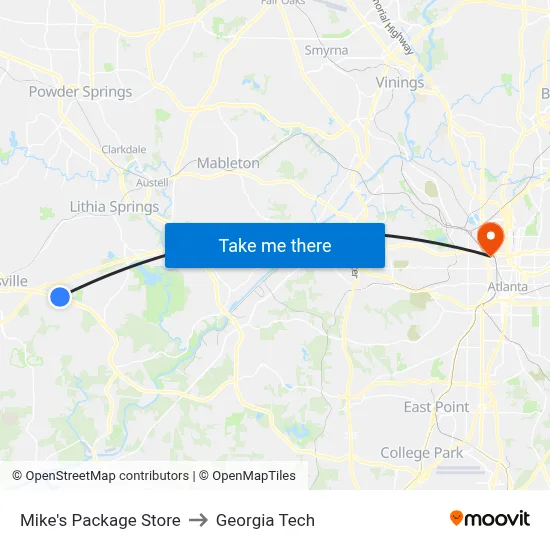 Mike's Package Store to Georgia Tech map
