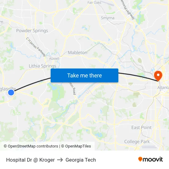 Hospital Dr @ Kroger to Georgia Tech map