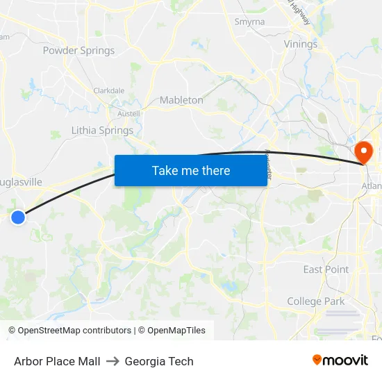 Arbor Place Mall to Georgia Tech map