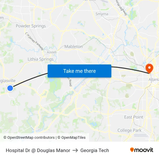 Hospital Dr @ Douglas Manor to Georgia Tech map