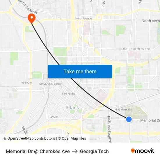 Memorial Dr @ Cherokee Ave to Georgia Tech map