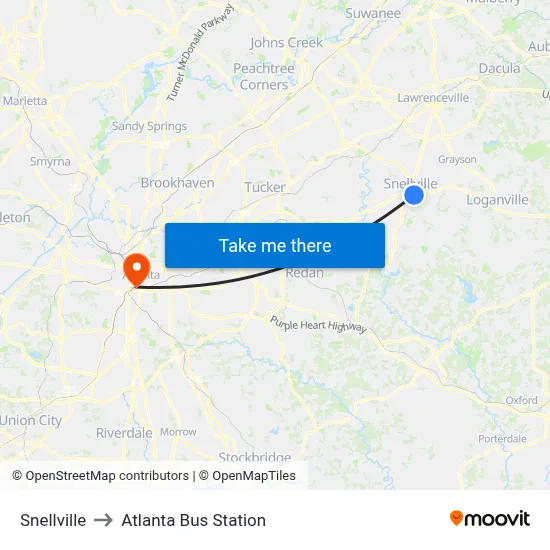Snellville to Atlanta Bus Station map