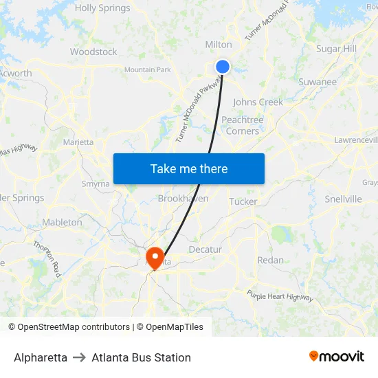 Alpharetta to Atlanta Bus Station map