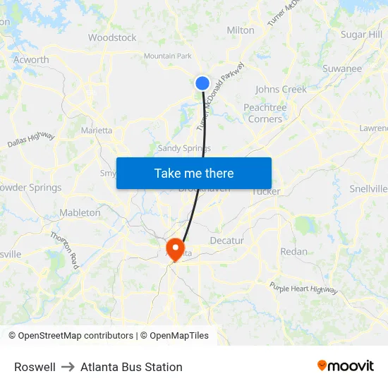 Roswell to Atlanta Bus Station map