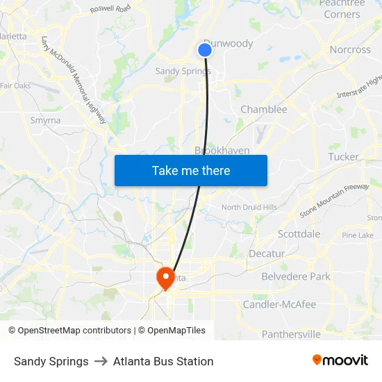 Sandy Springs to Atlanta Bus Station map