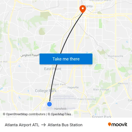 Atlanta Airport ATL to Atlanta Bus Station map