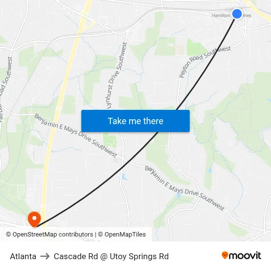 Atlanta to Cascade Rd @ Utoy Springs Rd map
