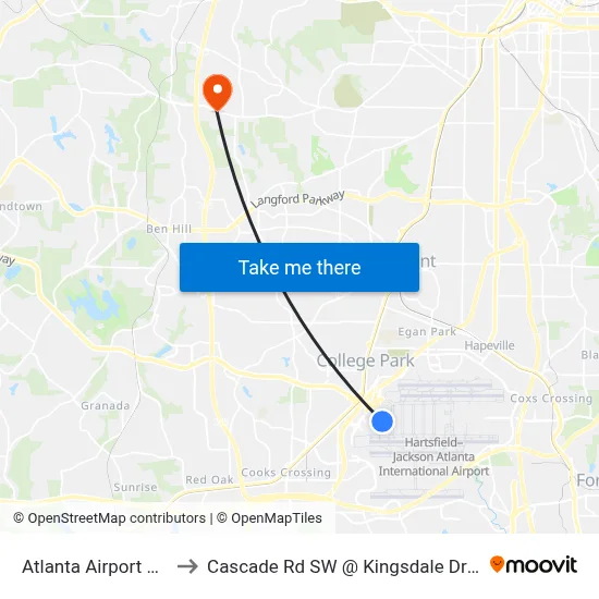 Atlanta Airport ATL to Cascade Rd SW @ Kingsdale Dr SW map