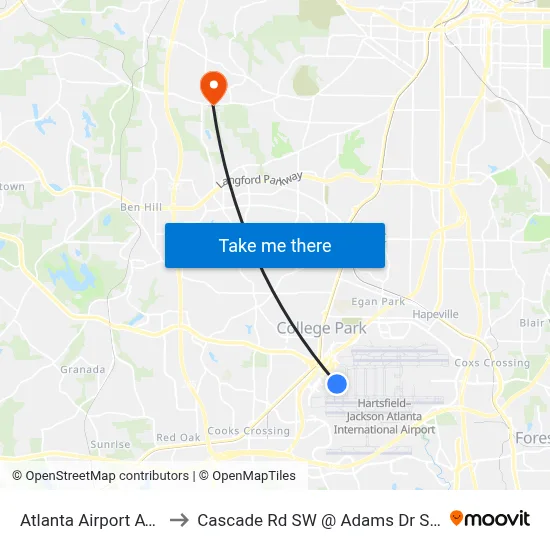 Atlanta Airport ATL to Cascade Rd SW @ Adams Dr SW map