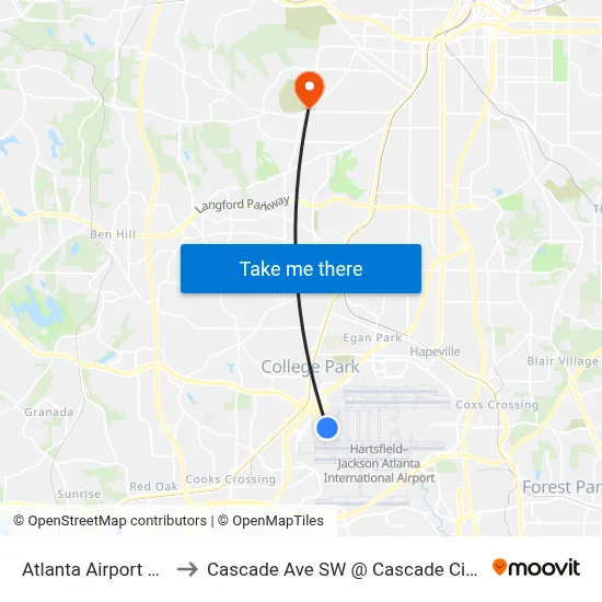Atlanta Airport ATL to Cascade Ave SW @ Cascade Cir SW map