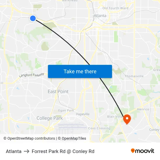 Atlanta to Forrest Park Rd @ Conley Rd map