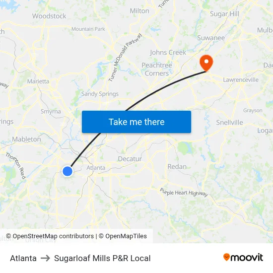 Atlanta to Sugarloaf Mills P&R Local map