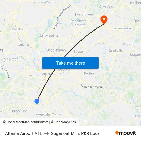 Atlanta Airport ATL to Sugarloaf Mills P&R Local map