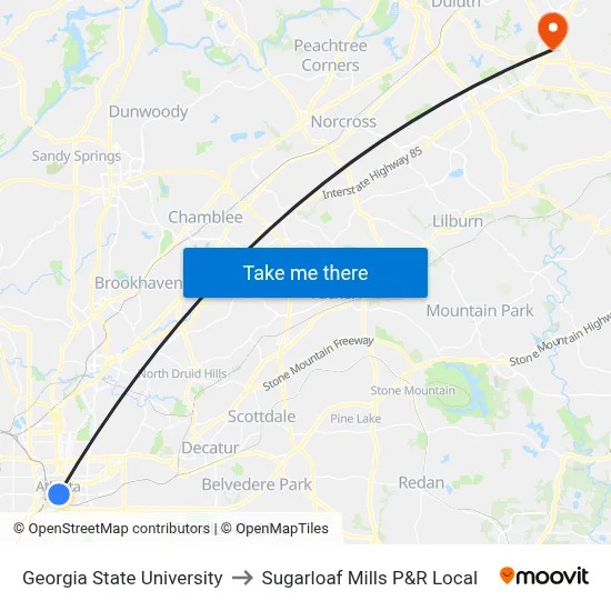 Georgia State University to Sugarloaf Mills P&R Local map